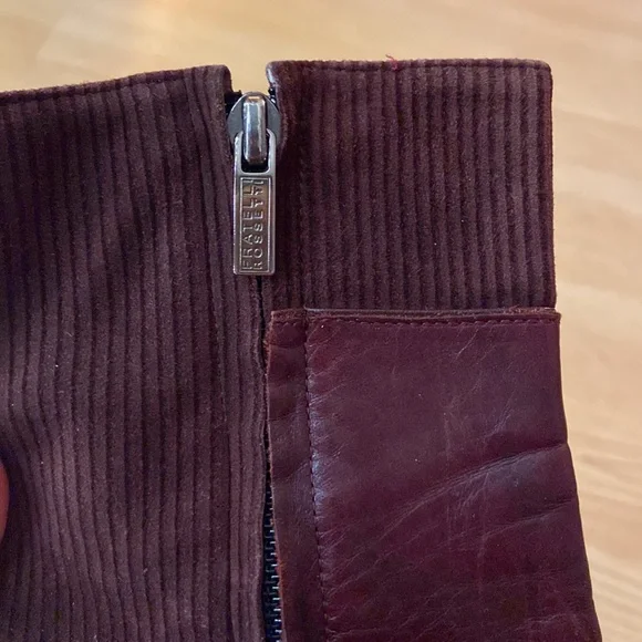 Leather and Corduroy Wine Heeled Boots - Picture 3 of 4